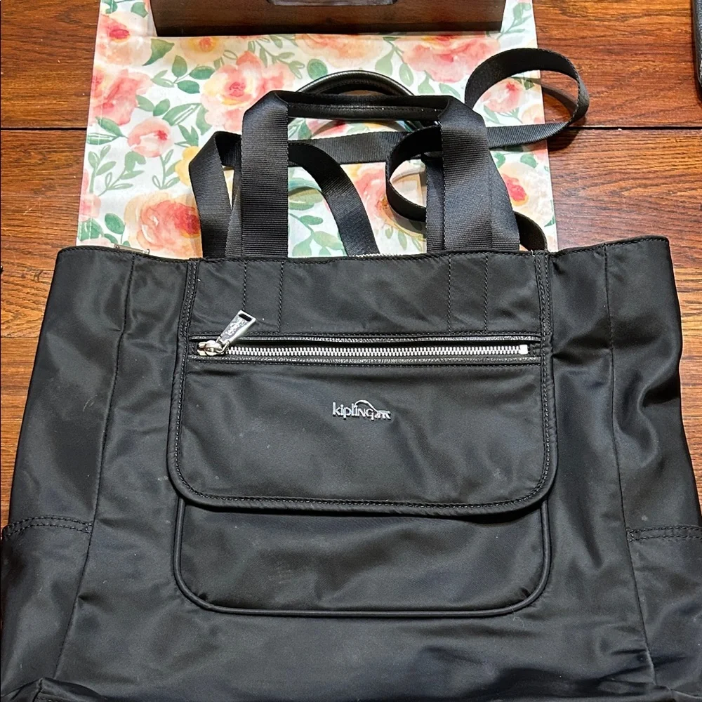 Kipling Black Nylon Ruth Tote with Silver Accents Shoulder Strap